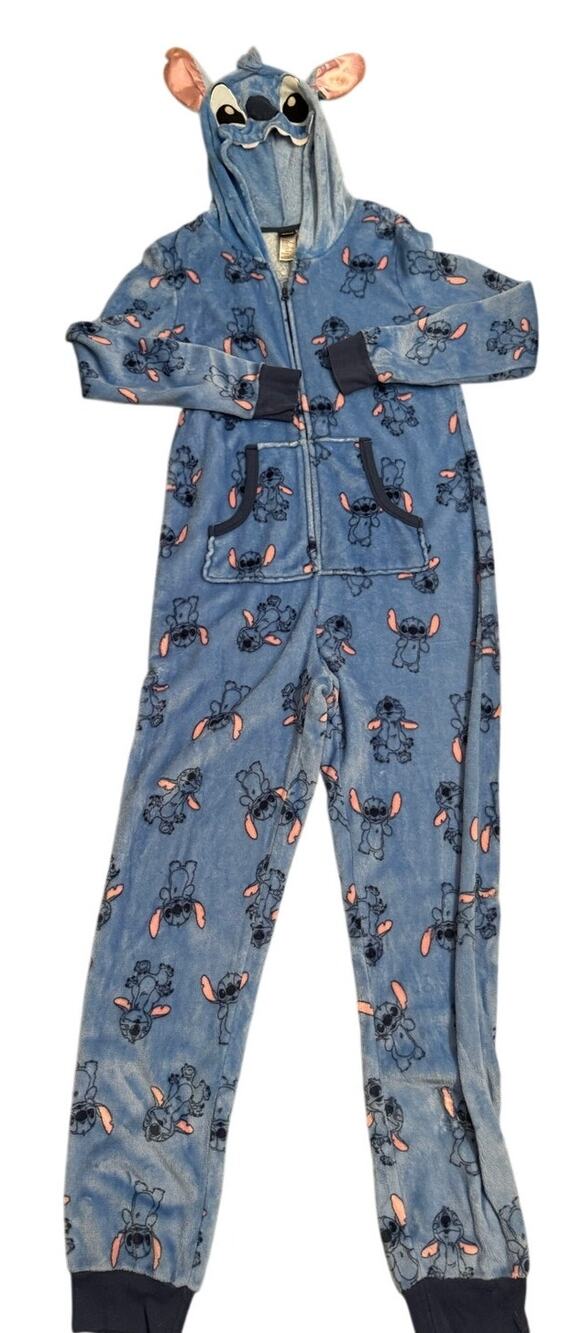 Disney Stitch Onesie Hooded Polyester Fleece Pajamas Footless Sz M Full Zip
